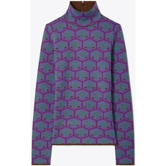 T-164. Tory Burch Merino Jacquard Turtleneck Purple Honeycomb T Small